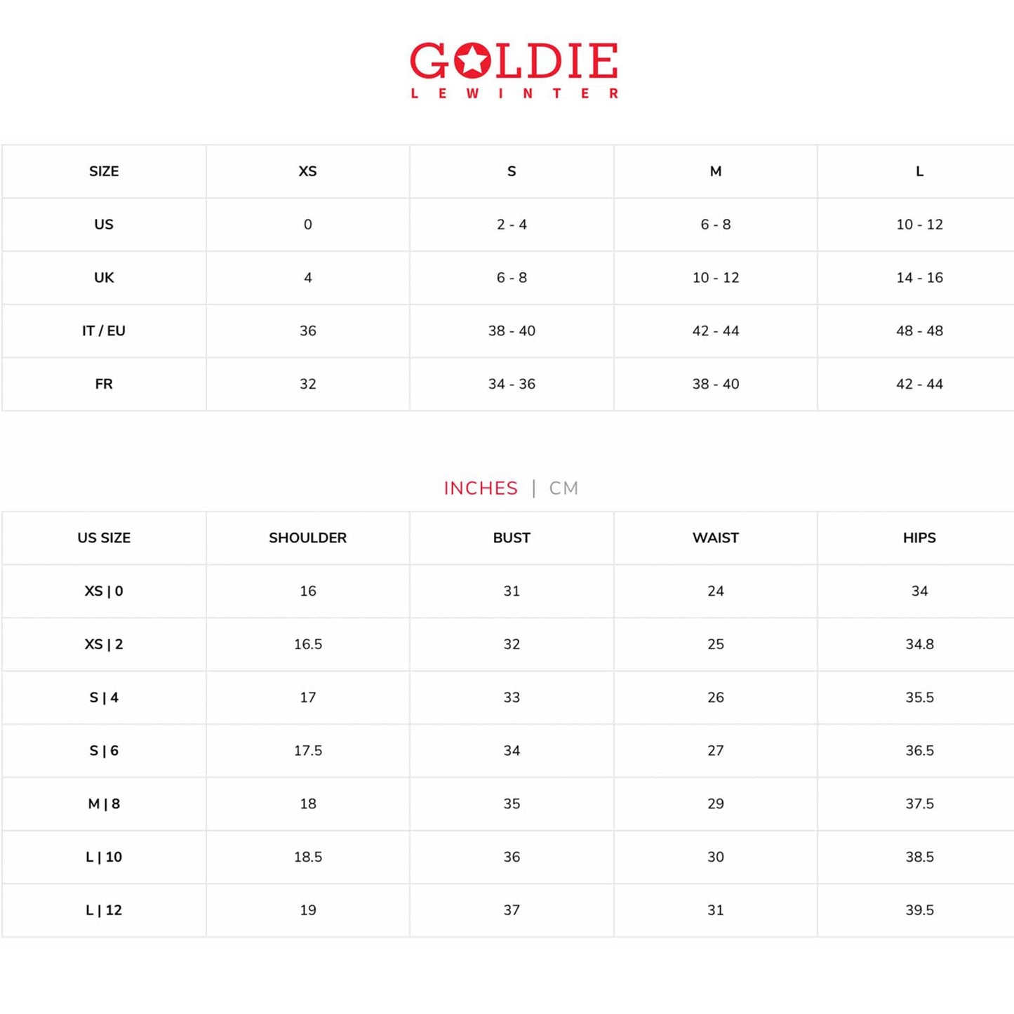 goldie size chart