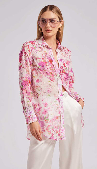 Mercy Floral Georgette Short in Floral Pink with pearl trimmed collar. Shown with the Alexia Satin Pants - Paula and Chlo