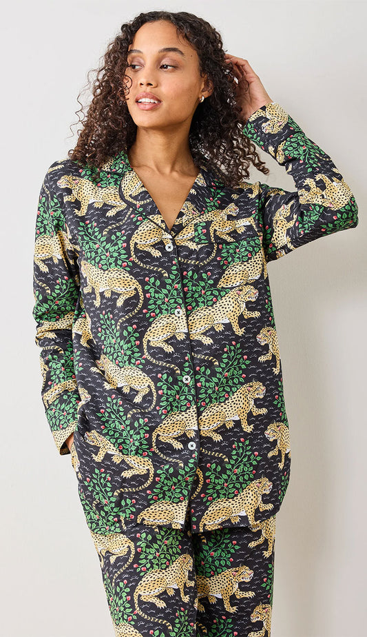 Printfresh Bagheera Organic Cotton Pajamas - leopard print in Ink on a model on a white background - front view