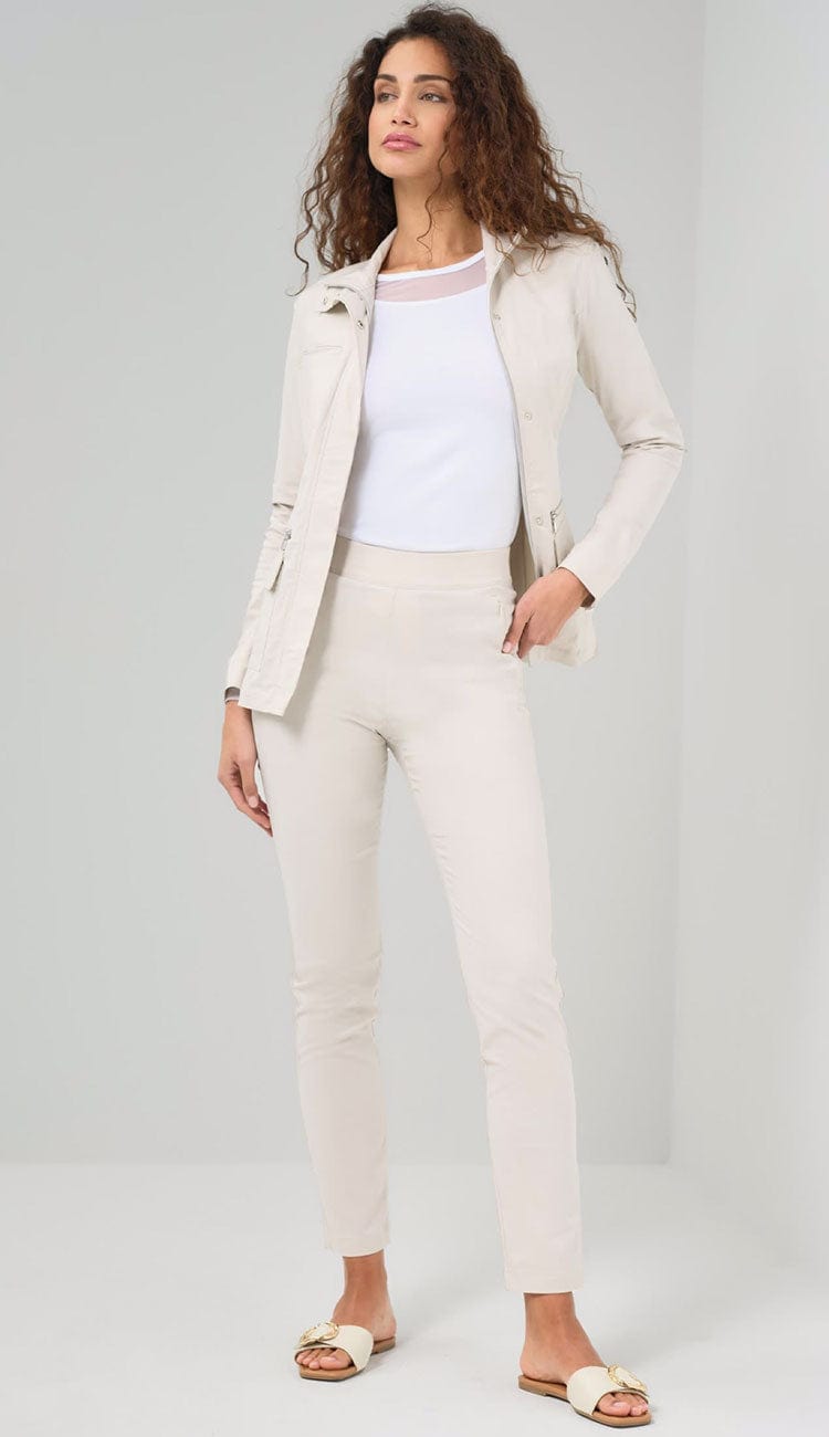 Kenya Safari jACKET IN sTONE PAIRED WITH THE JAMIE PANT AND THE FLO TOP - ANATOMIE AVAILABLE AT PAULA AND CHLO