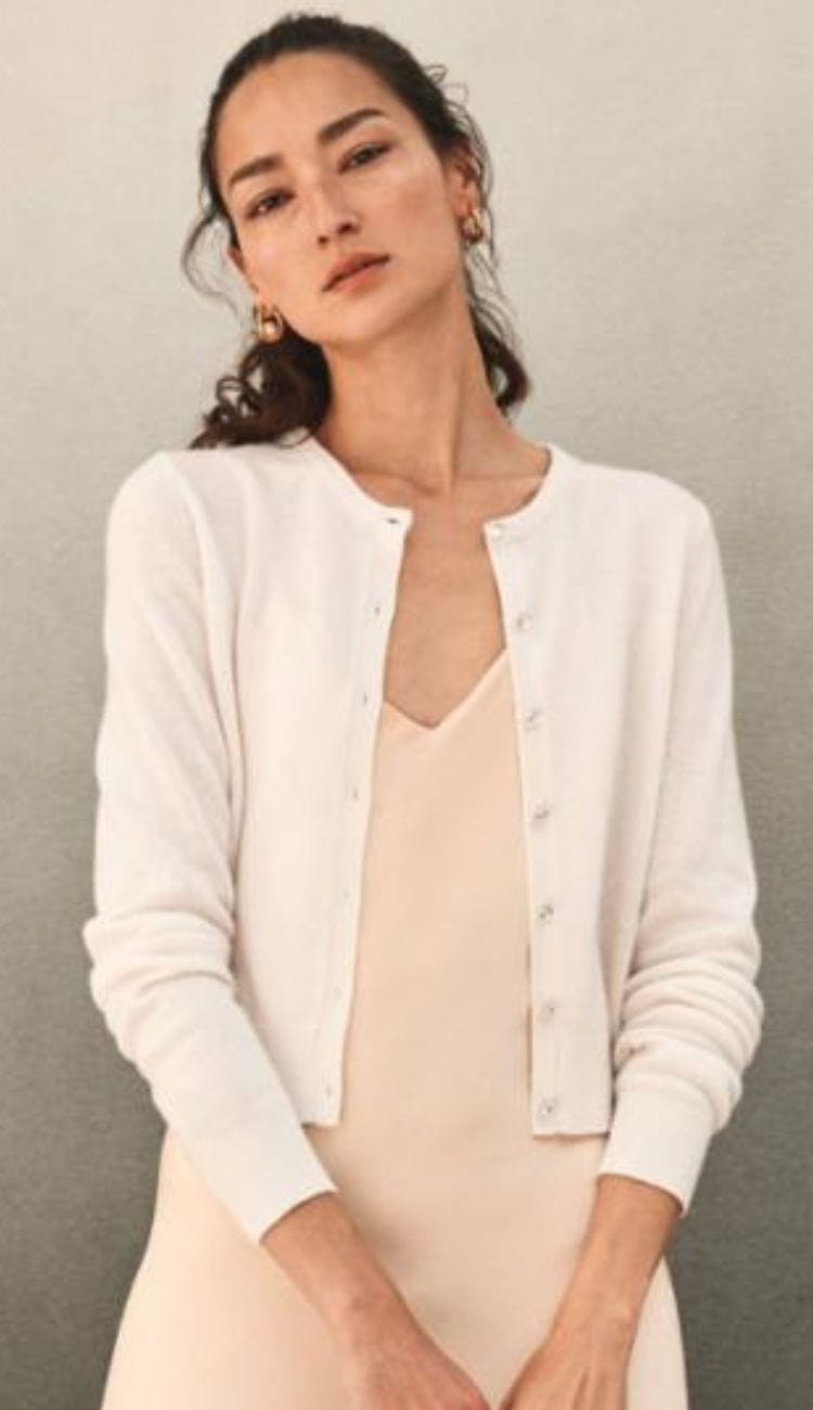 White and Warren Cashmere Embellished Cardigan Sweater in Soft White with Crystal Buttons at Paula & Chlo front view