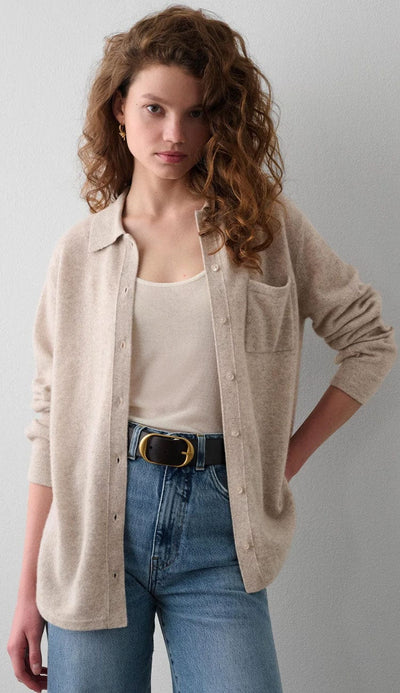 White + Warren Cashmere Button Down Cashmere Open View in Sand Whisp Heather - Paula & Chlo