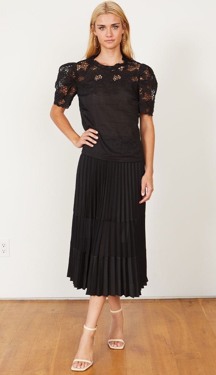 Mia Pleated Black Mesh Panel Skirt by Caballero at Paula & Chlo front view