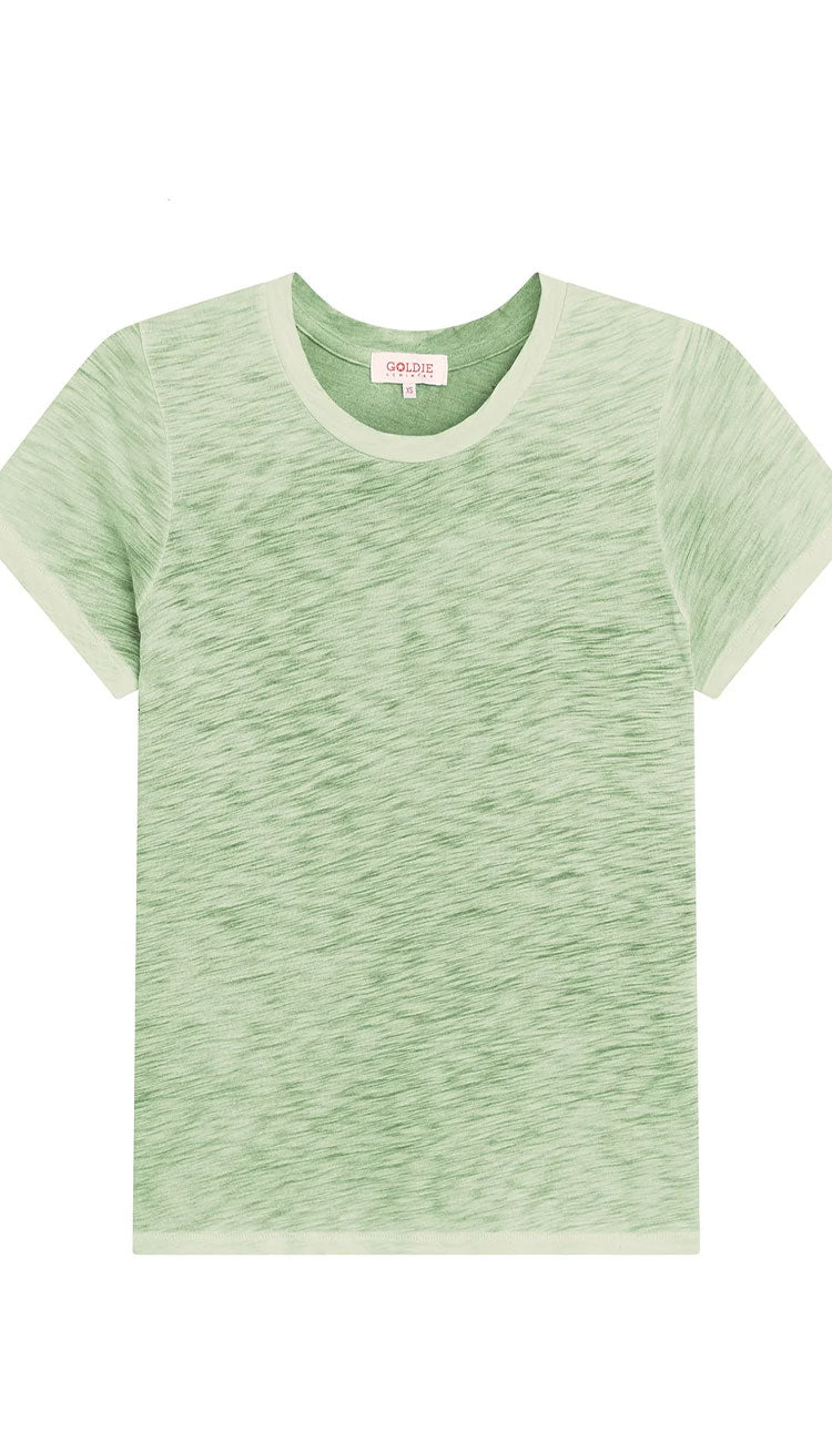 Goldie Tee in Sunwash palm green on a white background.