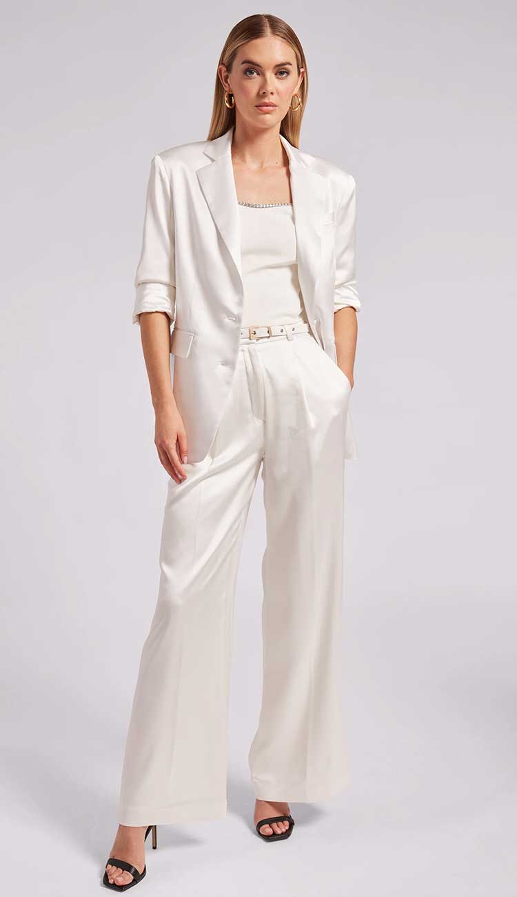Alexia Satin Pants in White Satin - by Generation Love shop Paula & Chlo - shown with the Drea Blazer