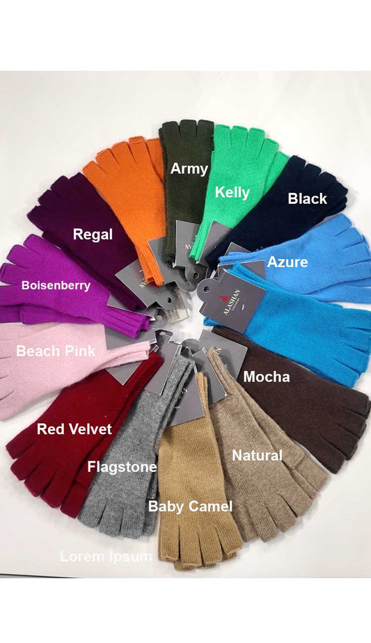 Collection of colorful fingerless gloves with labels on a white background