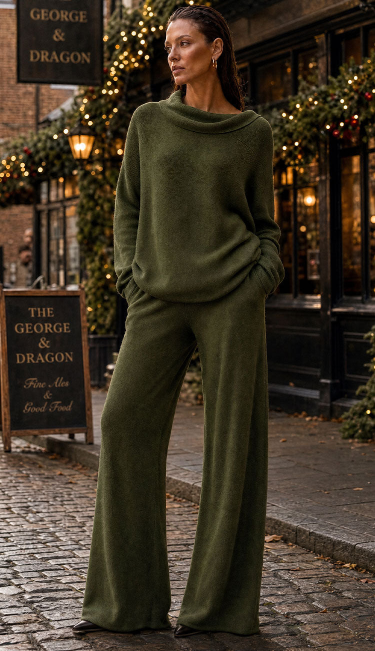 woman wearing Milio Milano viscose flared pants in Italian Olive, wearing the matching top