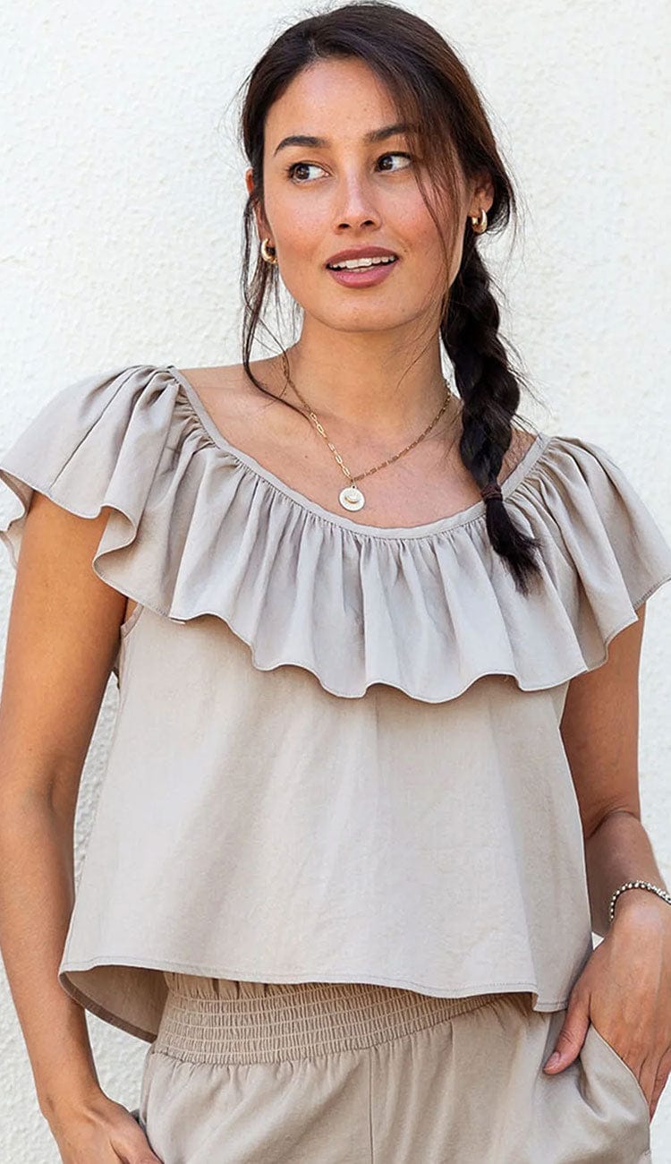 Veranda Ruffle Top in Latte by Mersea from Paula & Chlo - detail view