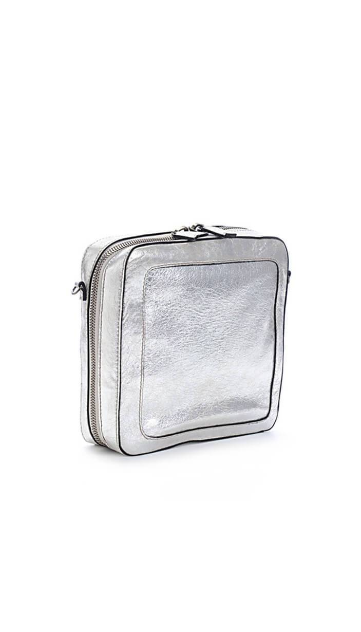 Square Metallic Silver Leather Bag