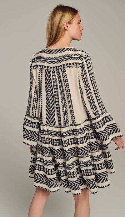 Devotion Twins Ella Dress in Black and offwhite. The boho design is the perfect summer dress, done in 100% Cotton from Greece - back view. Paula & Chlo