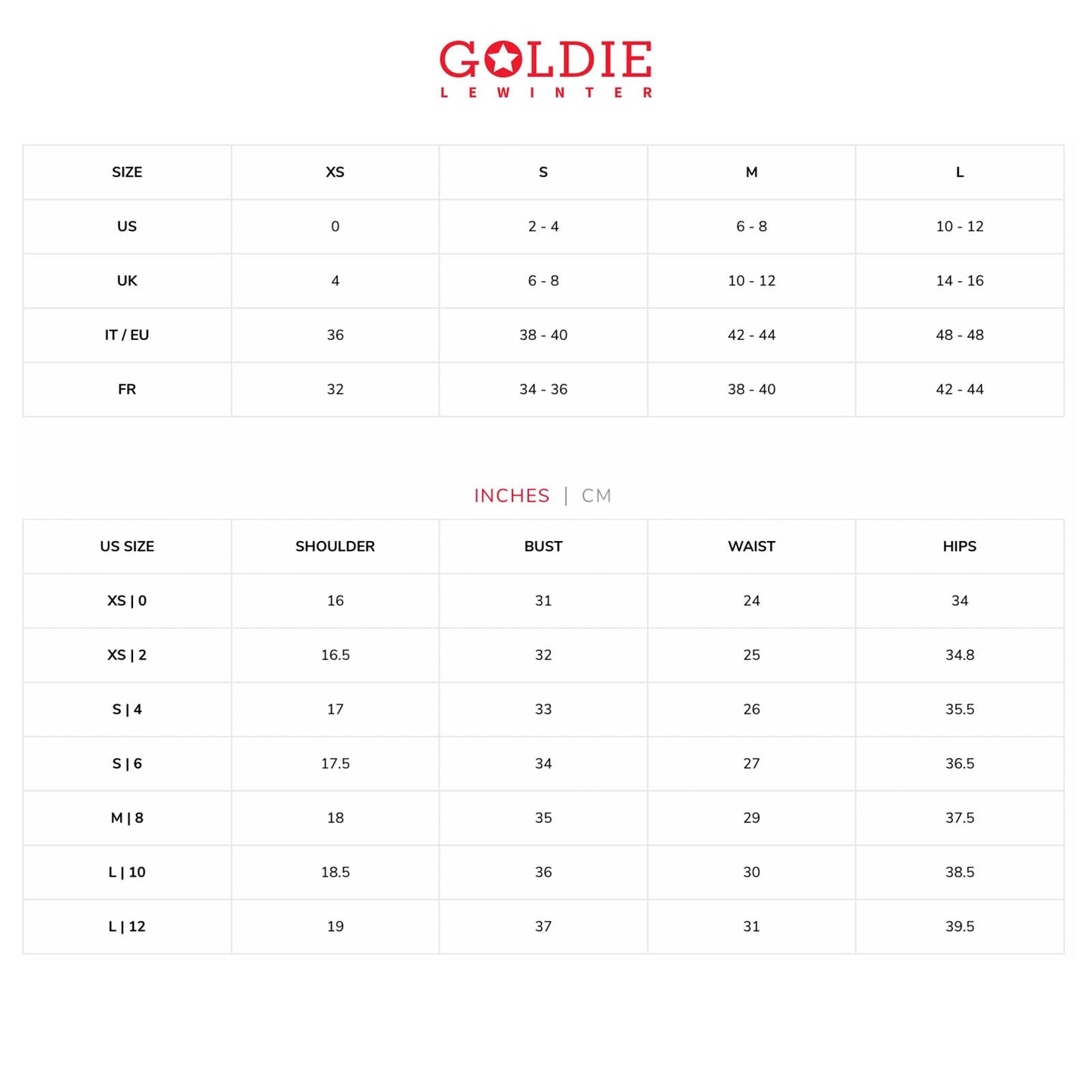 Goldie size chart