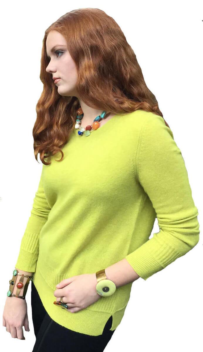 Ottoman Rib Trim Crewneck Cashmere Sweater Chartreuse Heather