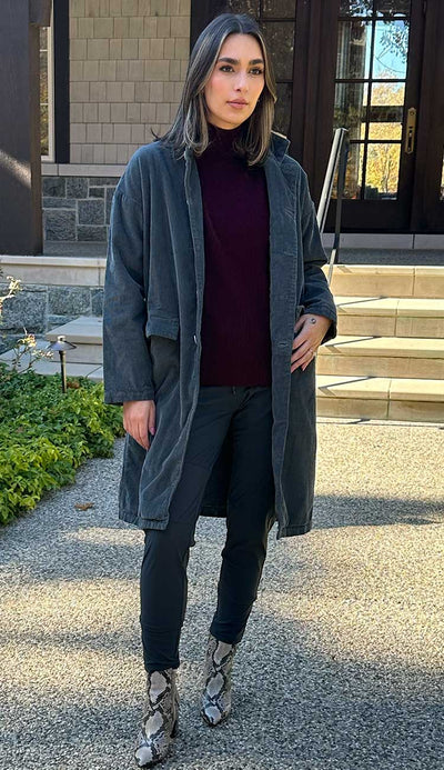 Morgan Coat in Medium Wale Corduroy in Iron Grey by CP Shades - Paula & Chlo paired with Candy Pants in Slate Grey and White + Warren Mockneck Cashmere Sweater.