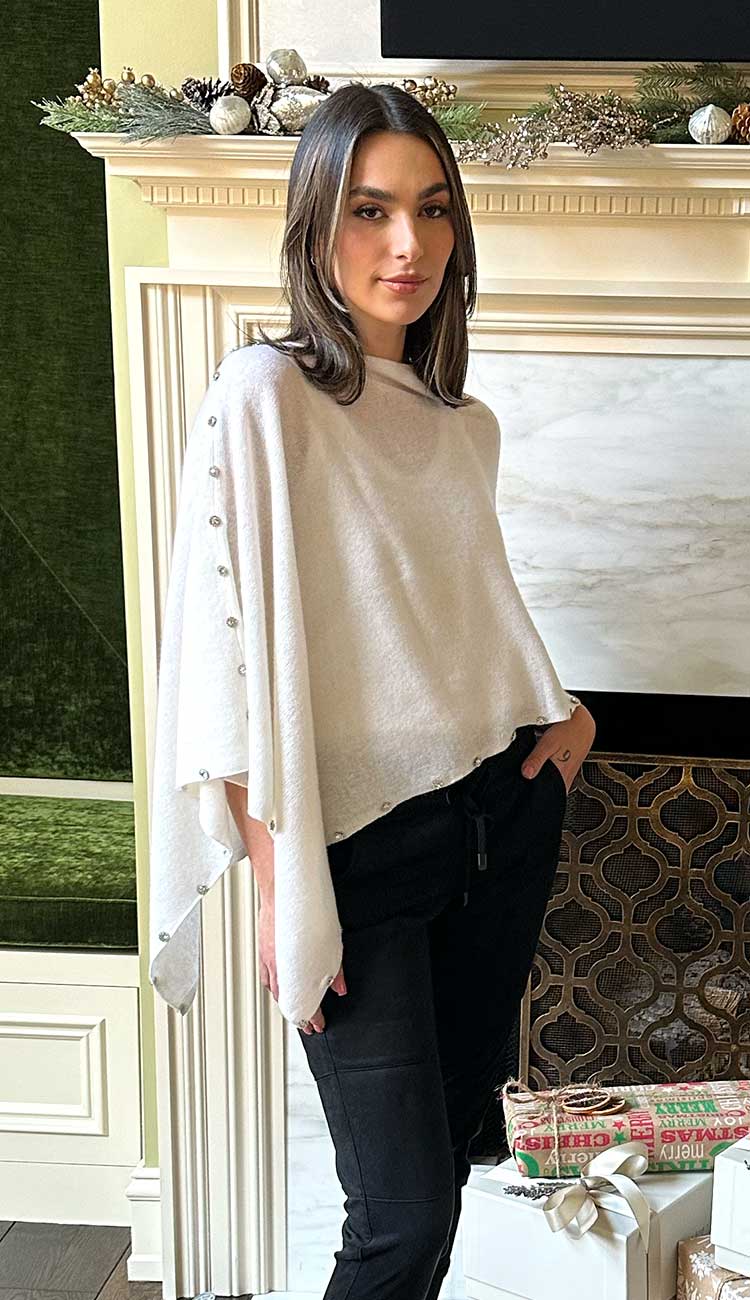 Beaded crystal trimmed topper in White -add a little sparkle to your wardrobe with this cashmere topper. Shop our cashmere collection at Paula & Chlo - your cashmere specialists.