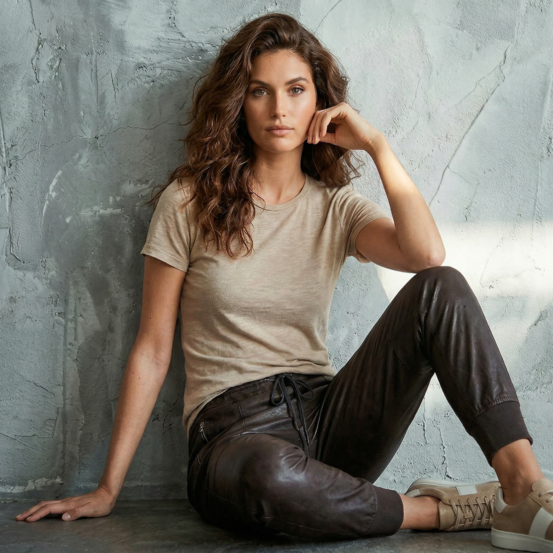 a woman in a beige Goldle Tee shirt and vegan leather brown Candy Pants, she is on a painted backdrop in greenish bue backdrop and beige leather tennis shoes. 