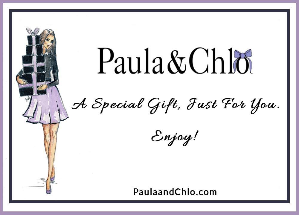Paula & Chlo Gift Certificate image of a woman holding wrapped gifts