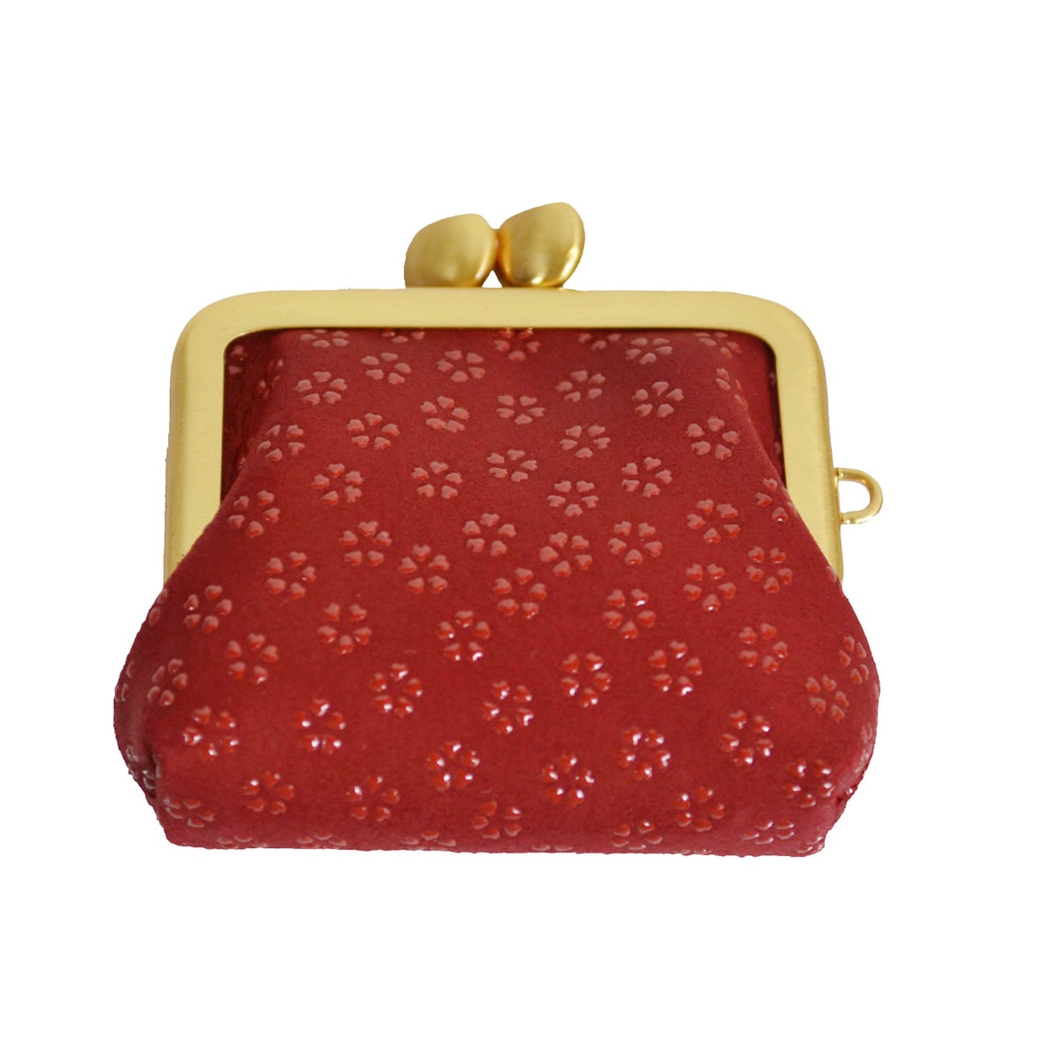 red and gold trimmed coin purse with floral embossing