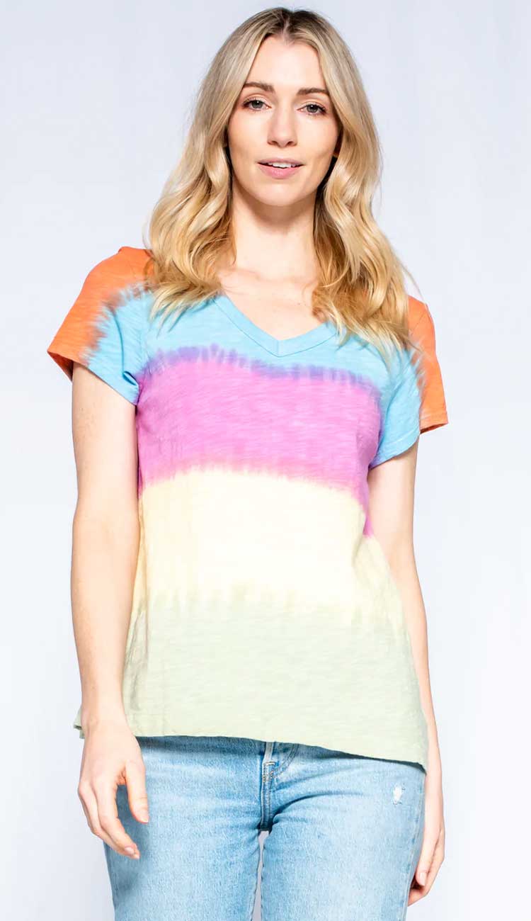 woman Wilt tee with multi colored tee with blue jeans