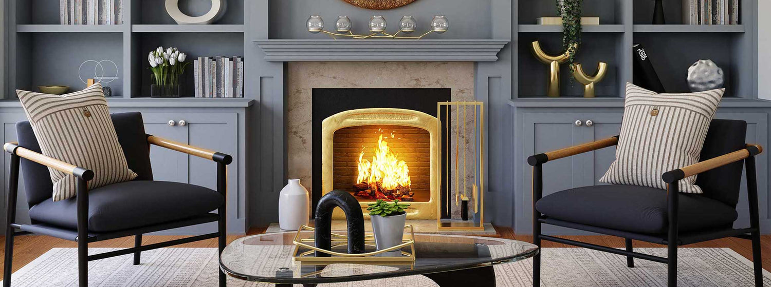 blue living room with fireplace and chairs 