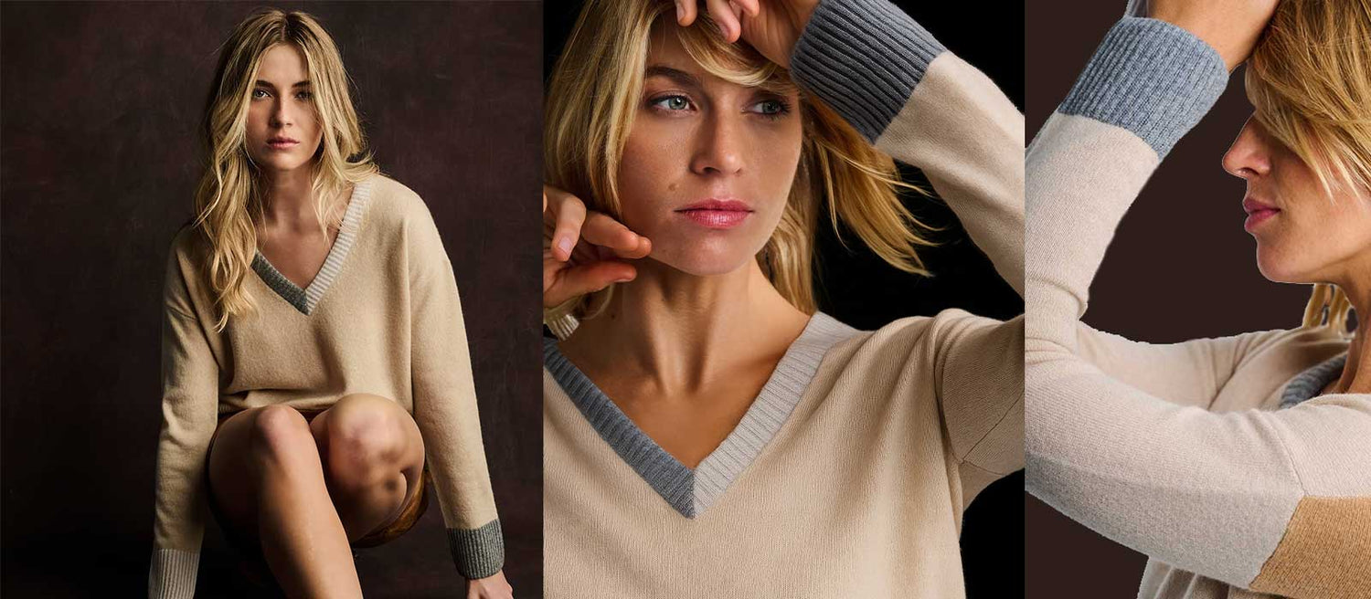  woman wearing a lisa tood sweater in three different images .
