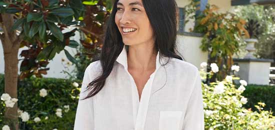 Frank + Eileen white button down shirt on a woman