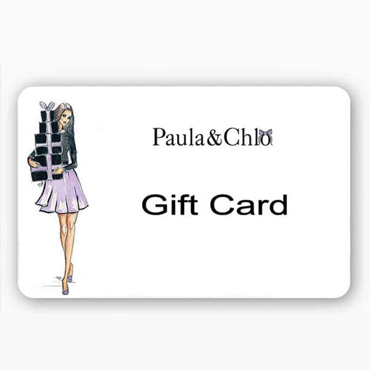 Paula & Chloé gift card with a stylized illustration of a woman holding gifts on a white background