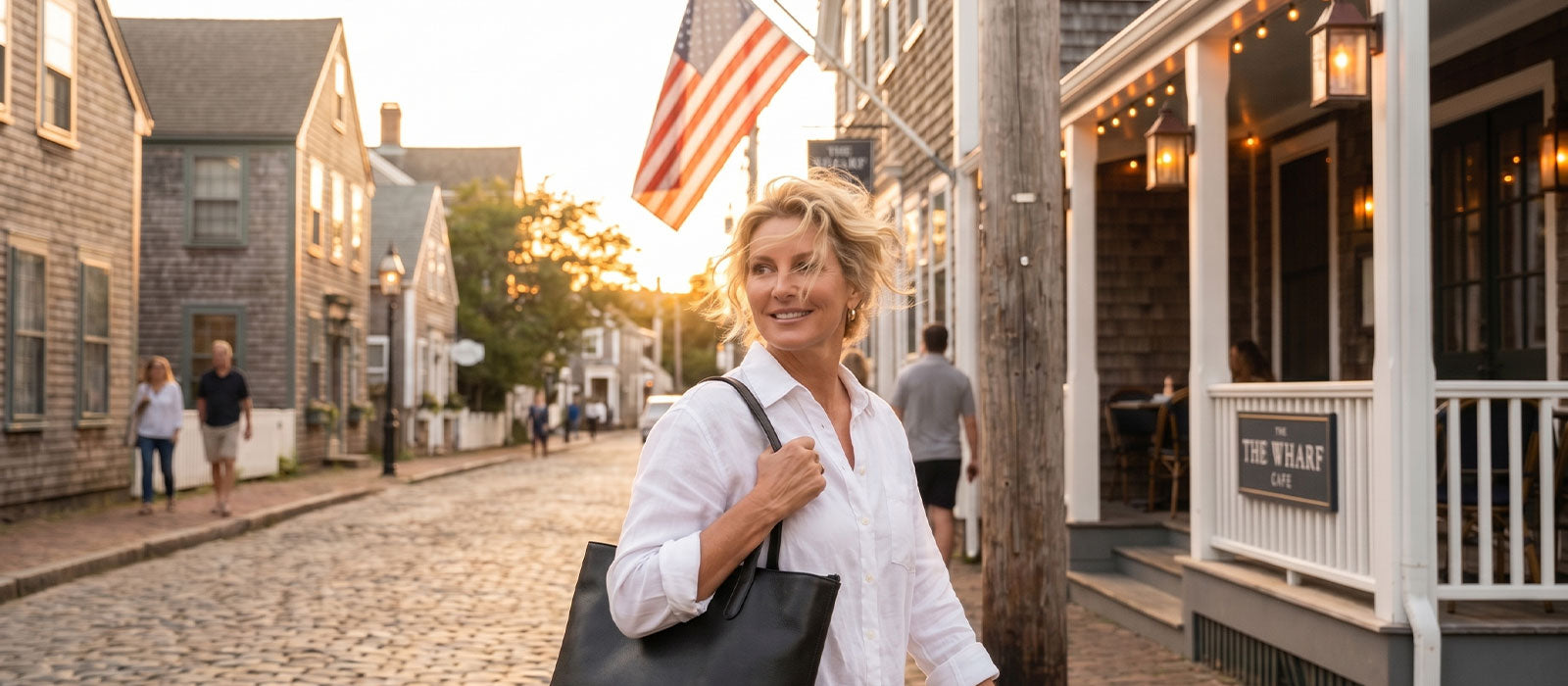 woman carrying a tote on New England Street - Announcement of our 4th july sale