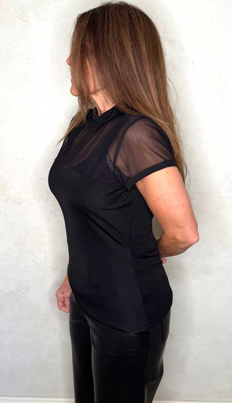 Avril Mesh Combo Top by Generation Love AT Paula and Chlo worn with a black cami. - side view.