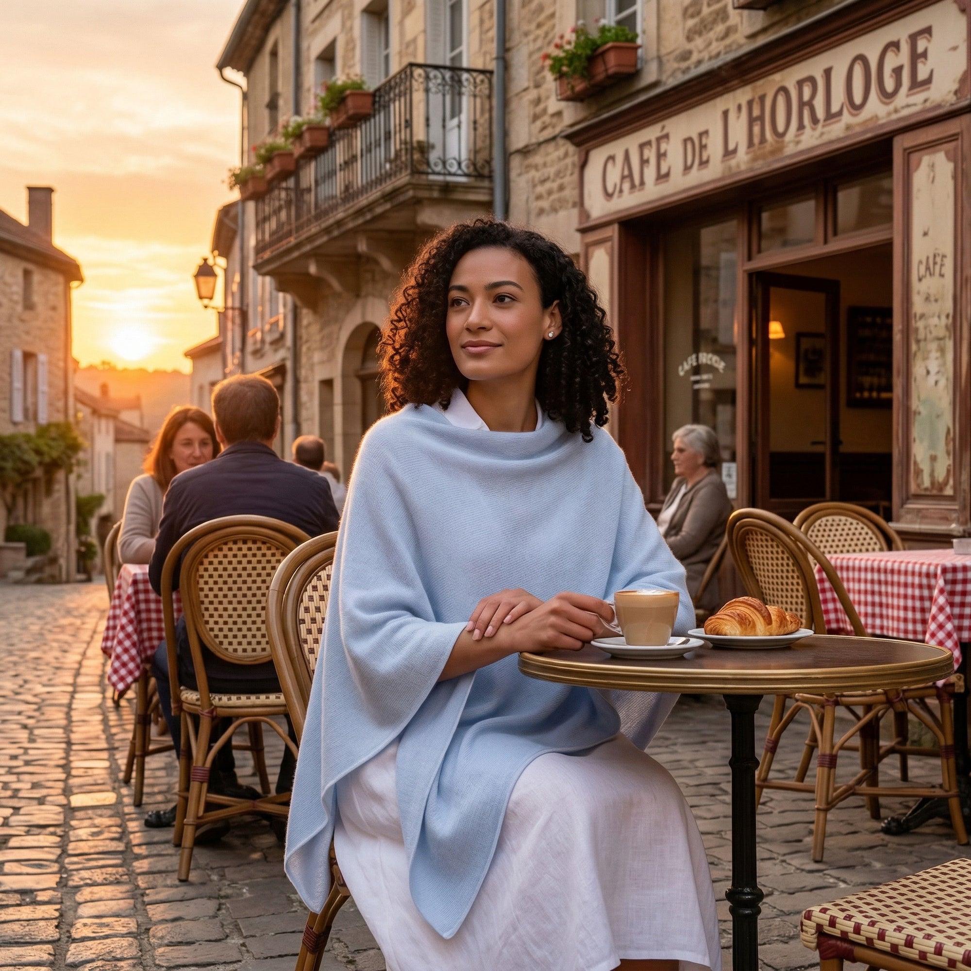 Woman wearing an Alashan cashmere dress topper over a white linen dress while sitting in a European cafe, refined cashmere layering.
