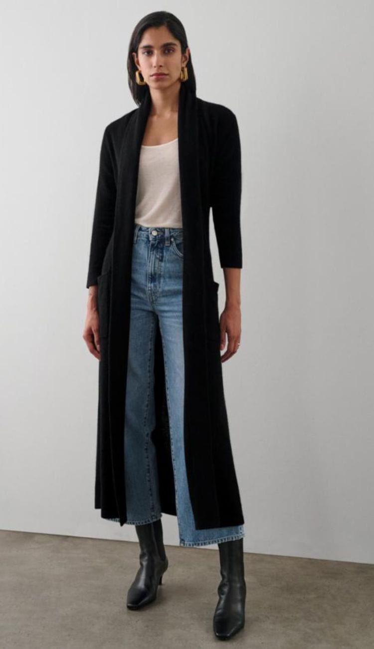 White + Warren cashmere long robe in Black, a long-sleeve 100% cashmere robe with shawl collar, patch pockets, and tie belt.