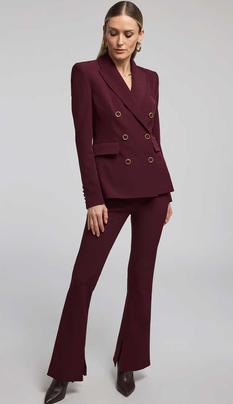 Cady Crepe Pants with the Arielle Blazer by Generation Love in Malbec Burgundy at Paula & Chlo