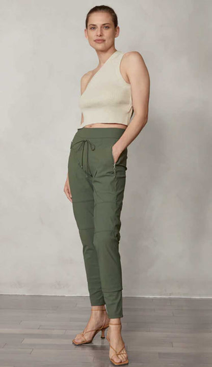 Raffaello Rossi Candy Pant in deep  forest women’s slim jogger pant with drawstring waist and zip pockets