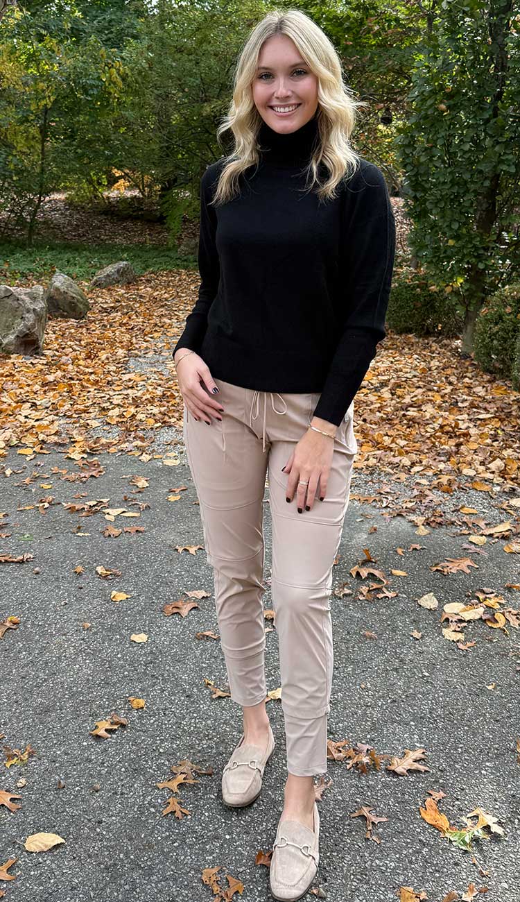 Raffaello Rossi in warm taupe paired with our white and warren cashmere turtleneck sweater at paula and chlo