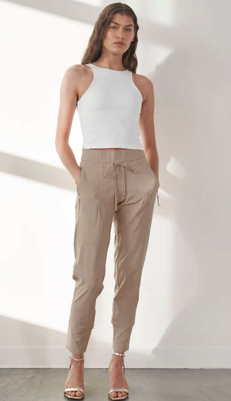 Raffaello Rossi Candy Pant in warm taupe, women’s slim jogger pant with drawstring waist and zip pockets