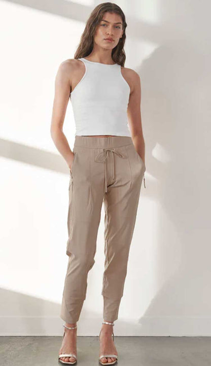 Raffaello Rossi Candy Pant in warm taupe, women’s slim jogger pant with drawstring waist and zip pockets