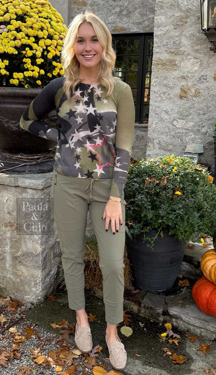 Raffaello Rossi Candy Pant in deep forest, women’s slim jogger pant with drawstring waist and zip pockets