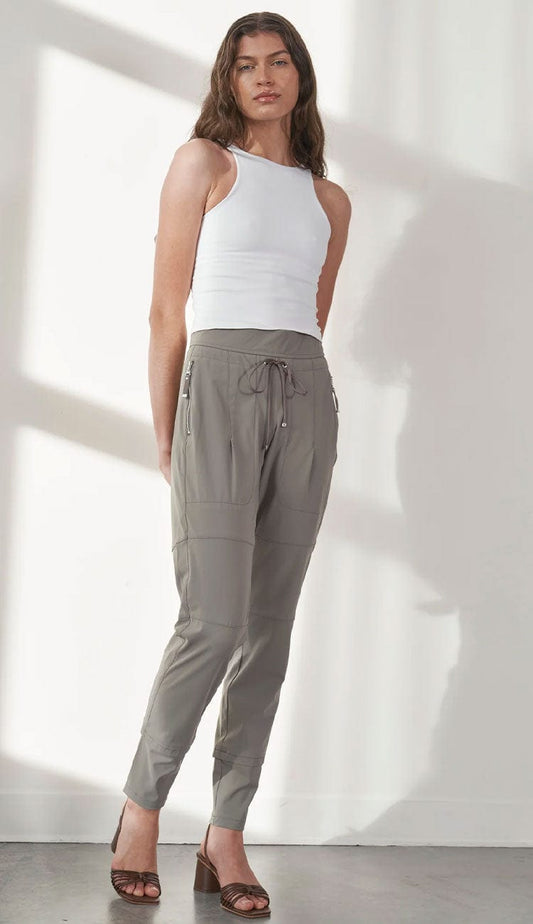 Raffaello Rossi Candy Pant in green gray, women’s slim jogger pant with drawstring waist and zip pockets,