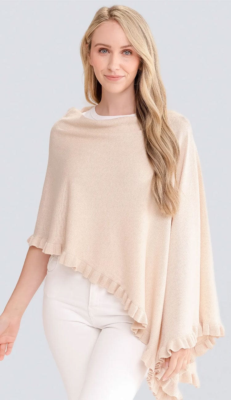 Alashan Cashmere Cotton Cashmere Dress Topper with Mini Ruffle Trim in Dune | Paula & Chlo