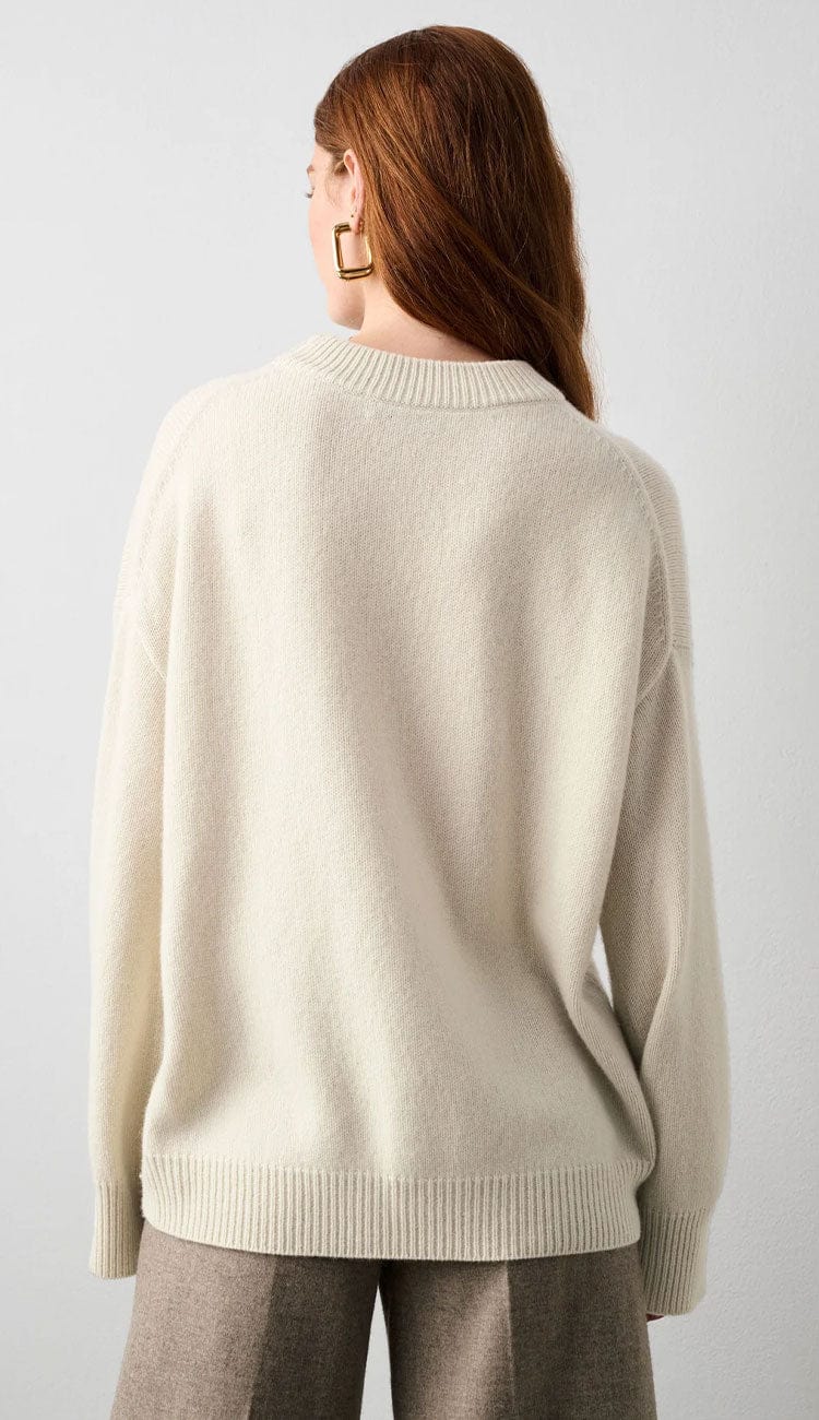 White + Warren Cozy Crewneck Sweater in Ivory merino wool and cashmere - back view. Paula & Chlo