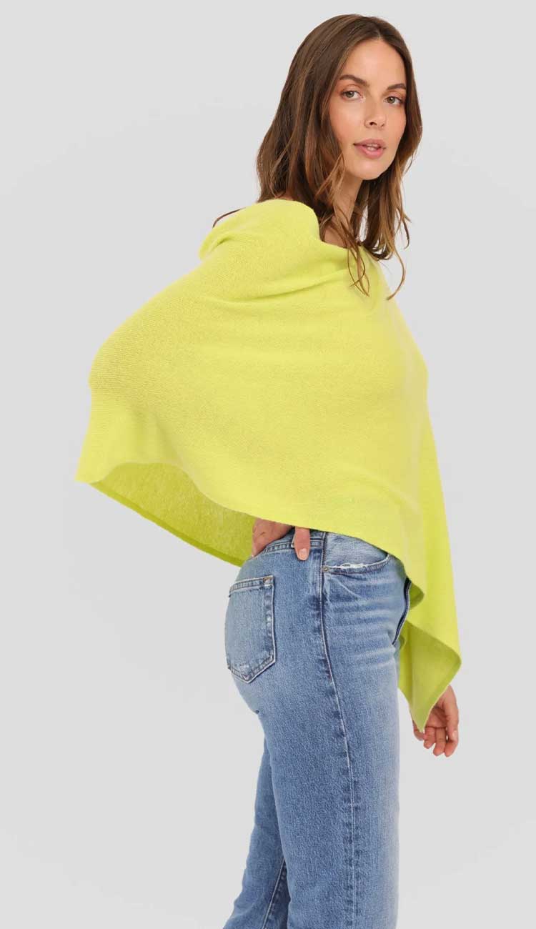 Alashan cashmere topper poncho in dayglow lightweight one-size wrap with draped silhouette.