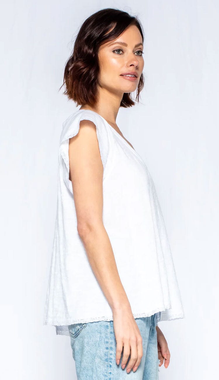 Wilt Lace edge flutter sleeve shifted hem trapeze scoop neck tee shirt side view - Paula & Chlo