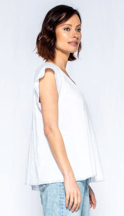 Wilt Lace edge flutter sleeve shifted hem trapeze scoop neck tee shirt side view - Paula & Chlo