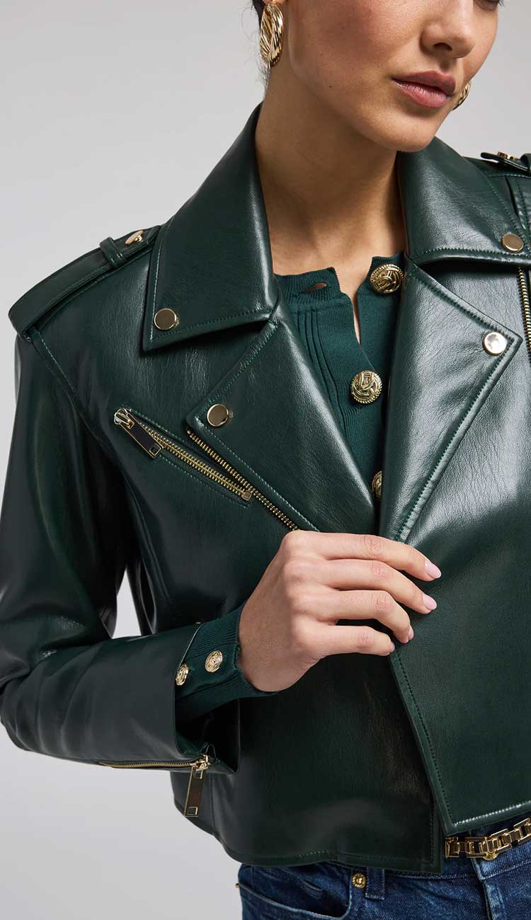 Cosita Vegan Leather Moto Jacket in Forrest Green by Generation Love at Paula & Chlo. Detail View