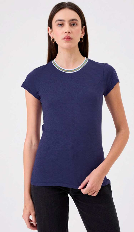 Goldie Ringer tee in navy on a model wearing black pants on a white background