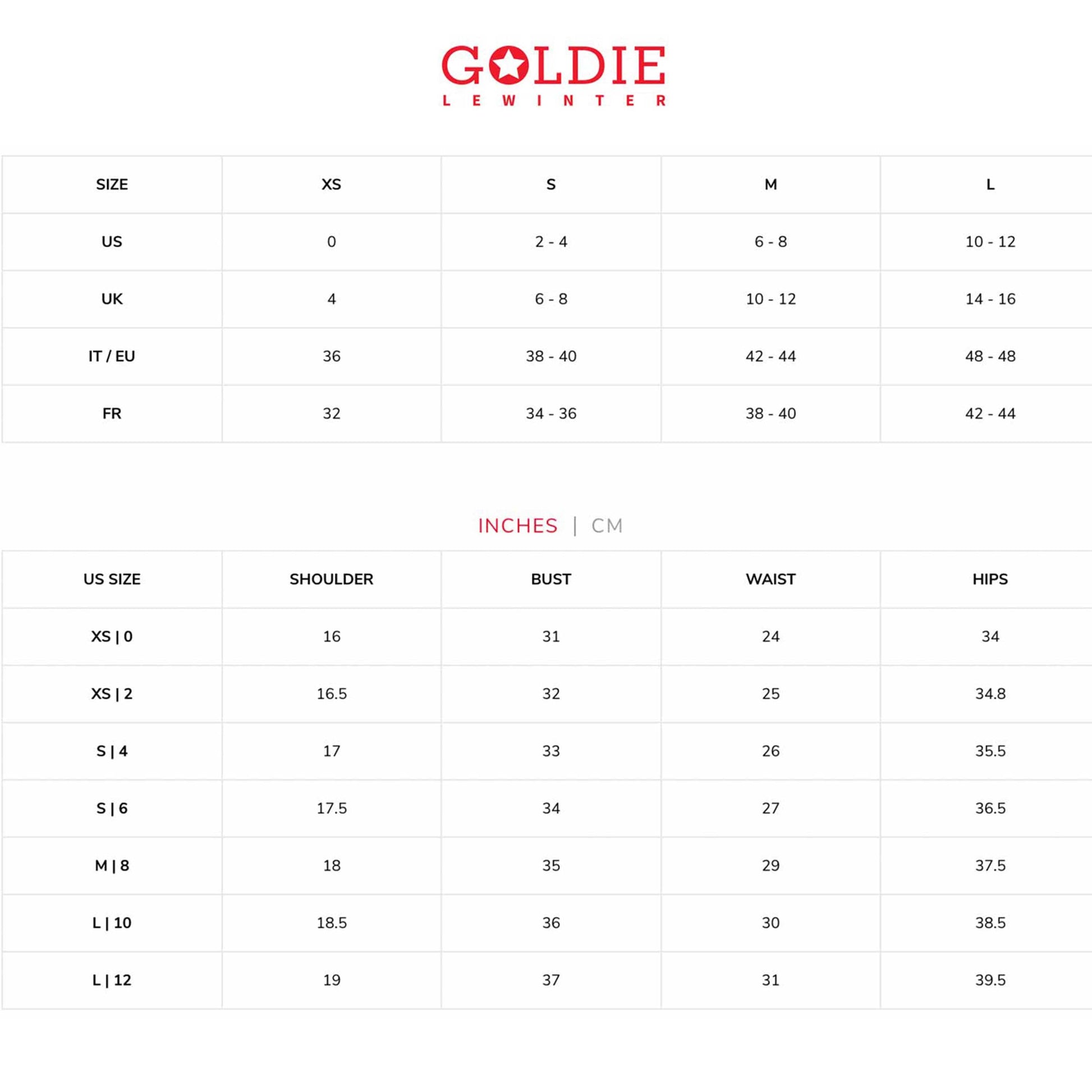 goldie size chart 