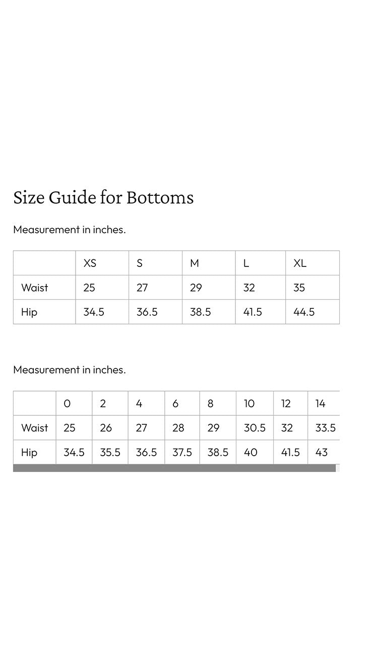 Go silk Size guide for bottoms with measurements in inches.