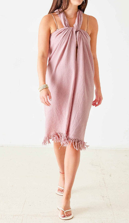 Hermosa 3-Way Linen Wrap by MerSea. A great Warm weather accessory. Makea. a great coverup. Paula & Chlo - Paris Pink sarong style with neck tied twist