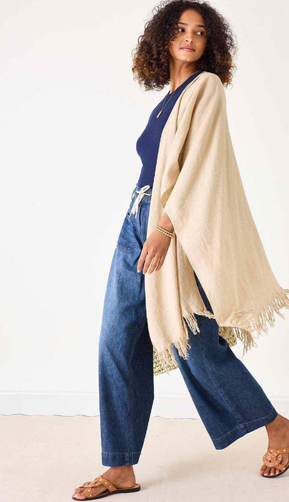 Hermosa 3-Way Linen Wrap by MerSea in cashmere color. A great Warm weather accessory. Makea. a great coverup. Paula & Chlo - side view