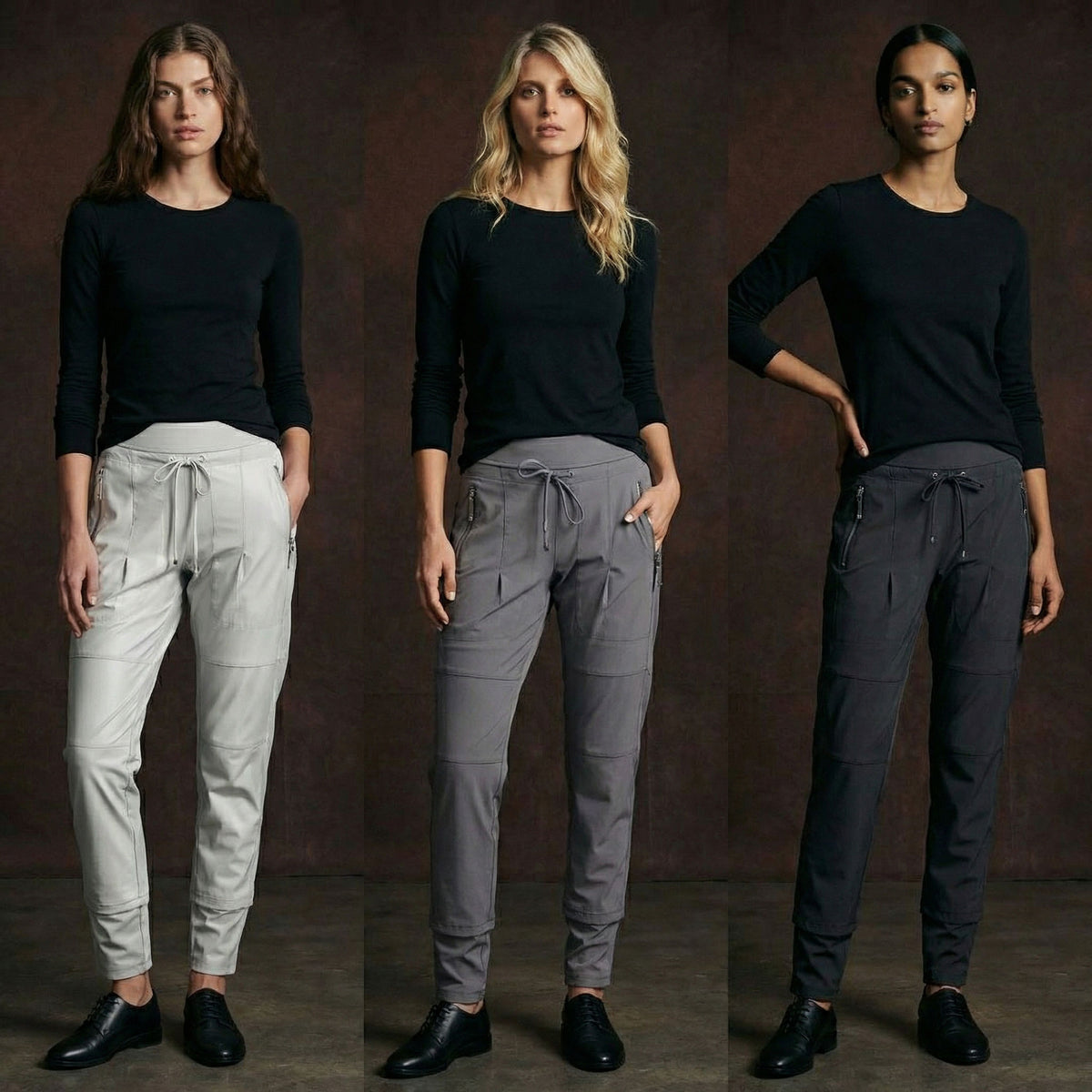Three women wearing Raffaello Rossi Candy Pants in light, medium, and dark grey tones, styled with black tops