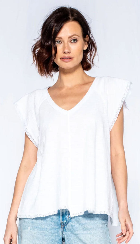 WILT Lace Edge Flutter Sleeve Shifted He Trapeze Scoopy Neck